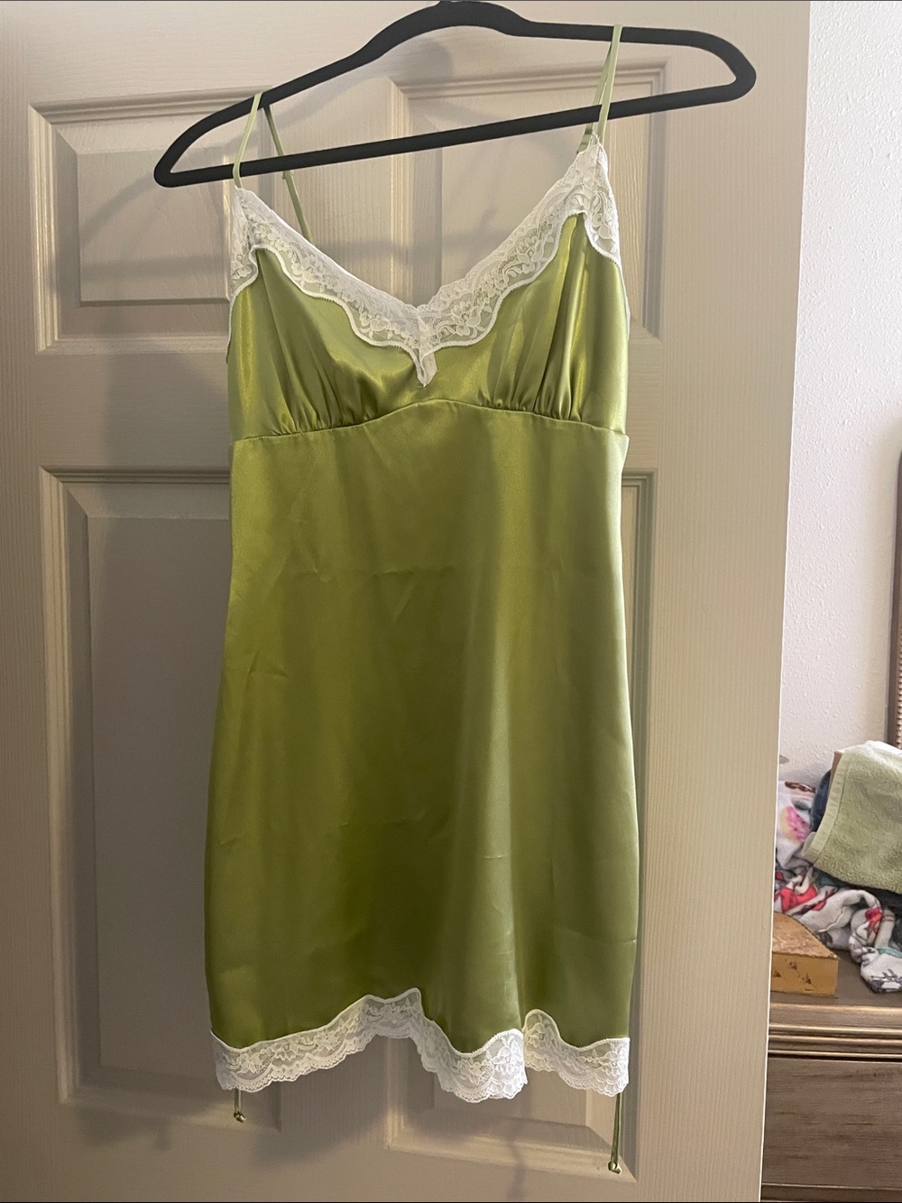Olive Green Satin Lace-Trim Slip Dress - Women's Intimates
